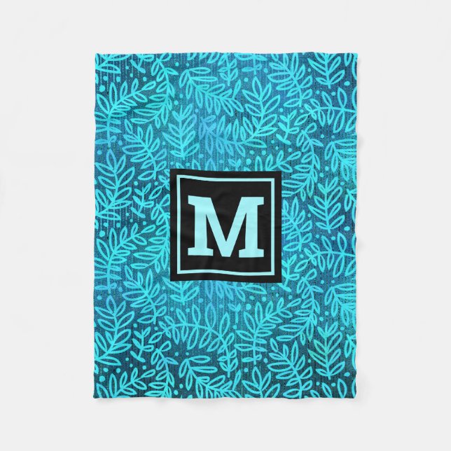 Turquoise foliage leaves pattern modern monogram fleece blanket (Front)