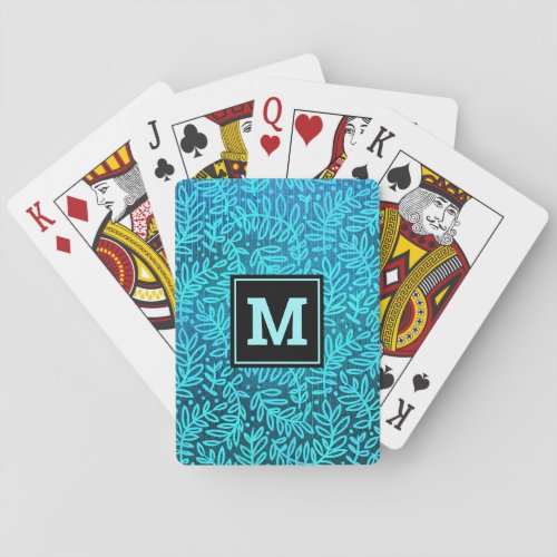 Turquoise foliage leaves pattern modern monogram poker cards