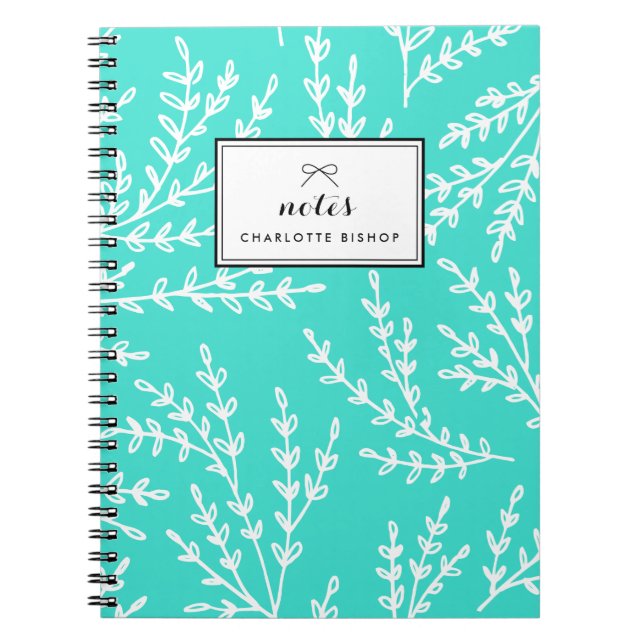 Turquoise Foliage Pattern Personalized Notebook (Front)