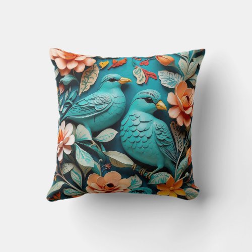 Turquoise folk Art Birds Design Cushion