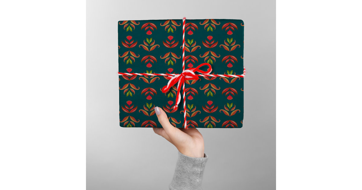 Turquoise Folk Art Floral Cozy & Rustic Christmas Wrapping Paper | Zazzle