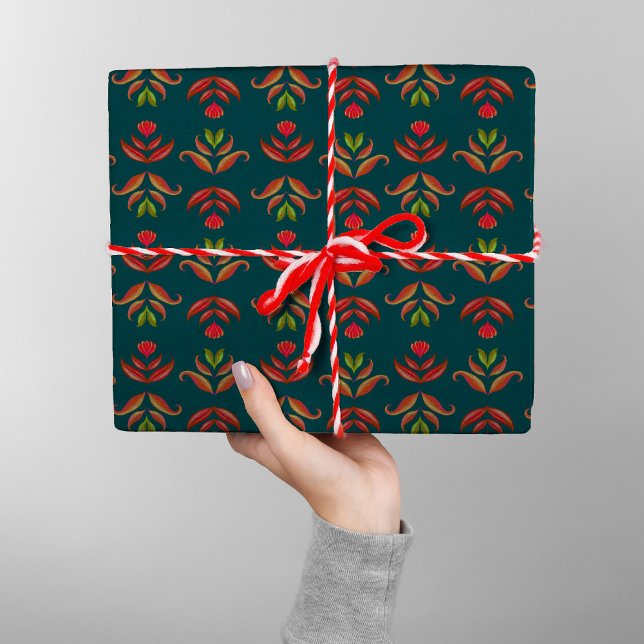  Turquoise Folk Art Floral Cozy & Rustic Christmas Wrapping Paper (Creator Uploaded)