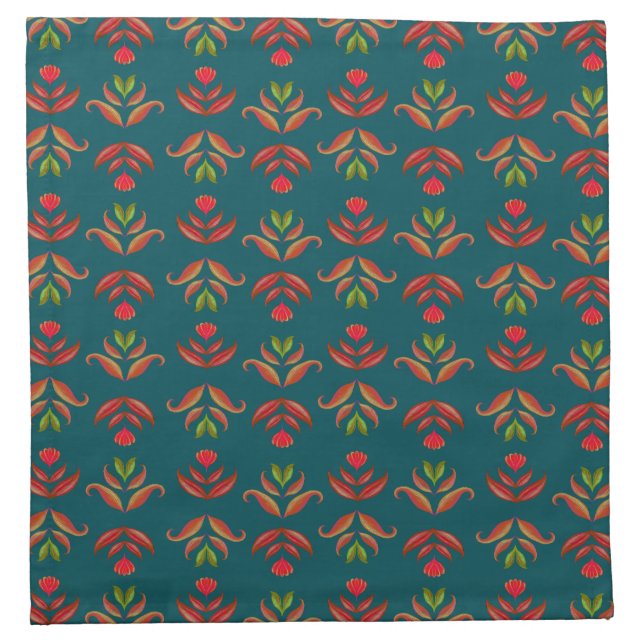 Turquoise Folk Art Floral Print Cozy Rustic Autumn Cloth Napkin (Front)