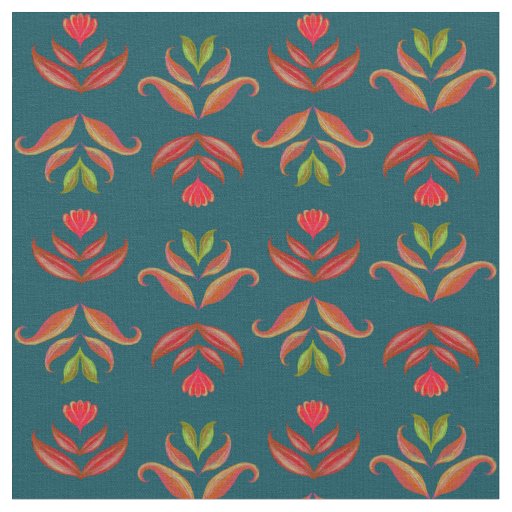 Turquoise Folk Art Floral Print Cozy Rustic Autumn Fabric