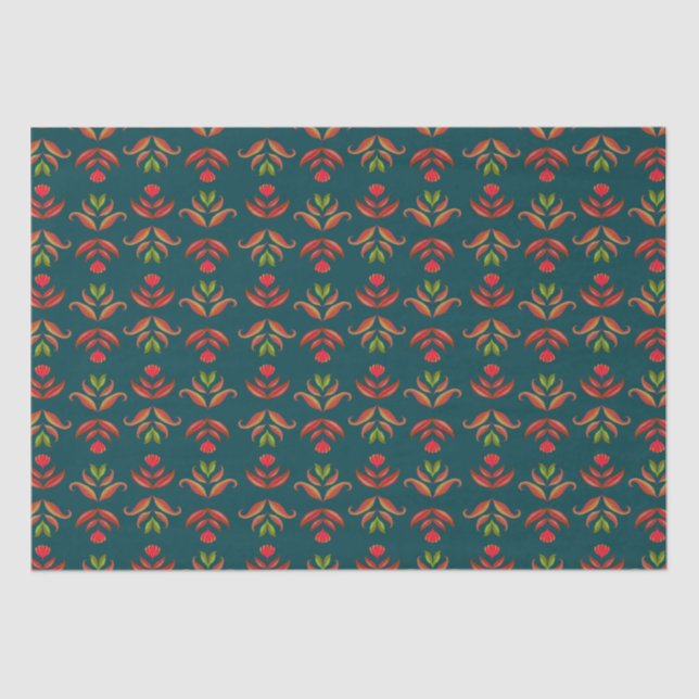 Turquoise Folk Art Floral Print Cozy Rustic Autumn Tissue Paper (Front)