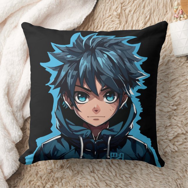 Turquoise Force: Anime-Style Manga Boy Throw Pillow (Blanket)
