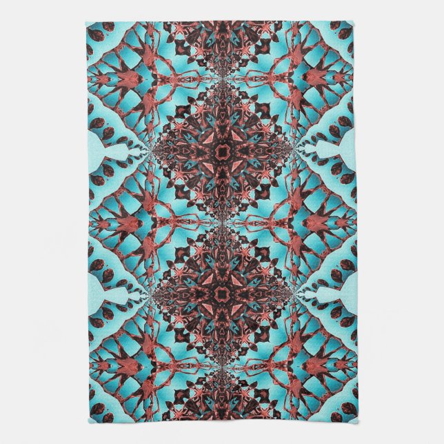 Turquoise Fractal Star Blast Kitchen Towel (Vertical)