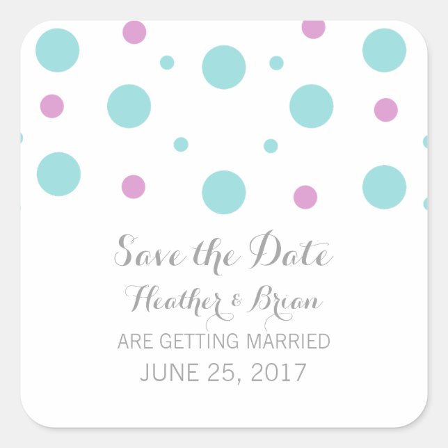 Turquoise Fuchsia Confetti Save the Date Stickers (Front)