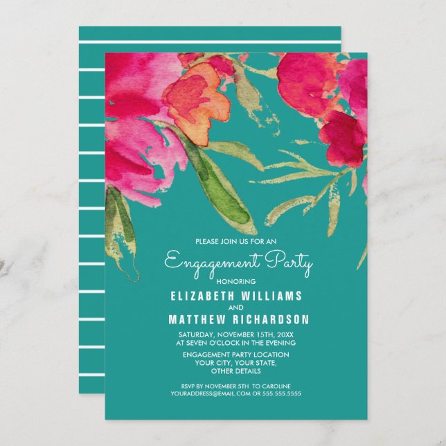 Turquoise Fuchsia Floral Engagement Party Invitation (Front/Back)