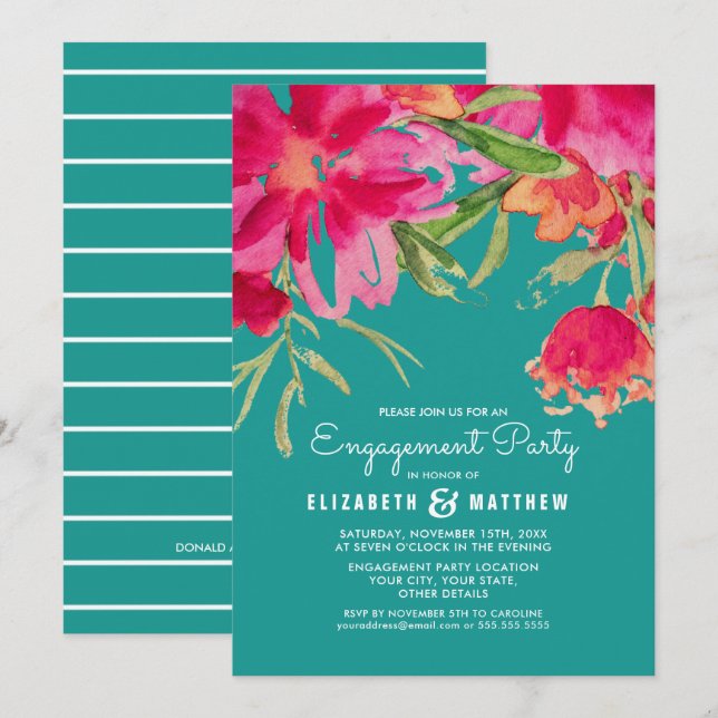 Turquoise Fuchsia Floral Engagement Party Invitation (Front/Back)
