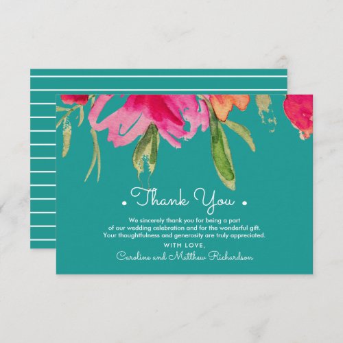 Turquoise Fuchsia Floral Thank You Wedding Card