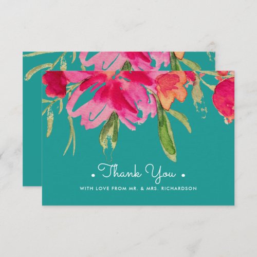 Turquoise Fuchsia Floral Thank You Wedding Card