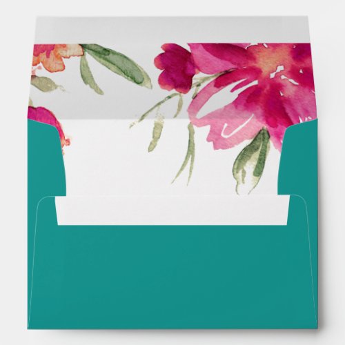 Turquoise Fuchsia Floral Watercolor Wedding Envelope