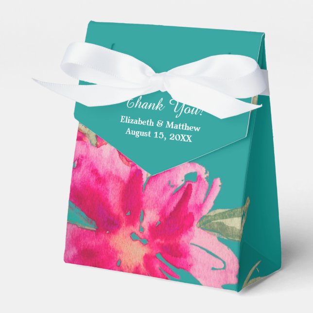 Turquoise Fuchsia Floral Watercolor Wedding Favor Boxes (Front Side)