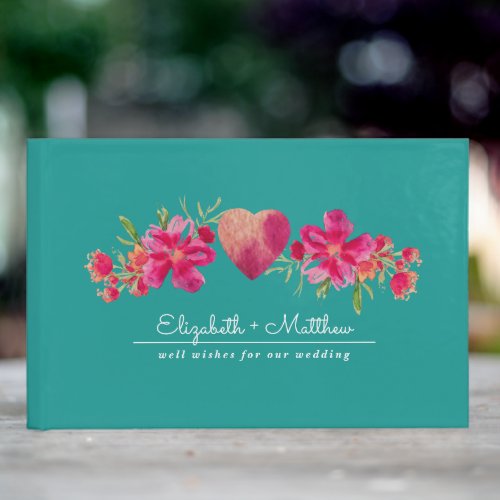 Turquoise Fuchsia Floral Watercolor Wedding Guest Book