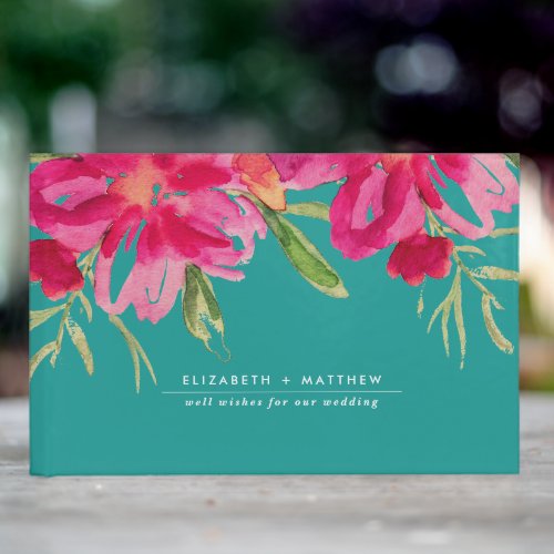 Turquoise  Fuchsia Floral Watercolor Wedding Guest Book