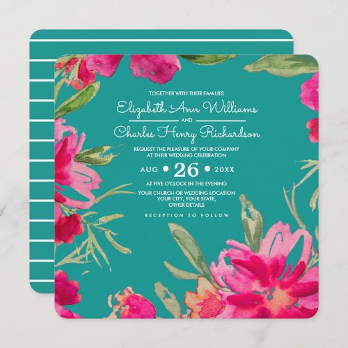 Turquoise Fuchsia Floral Watercolor Wedding Invitation