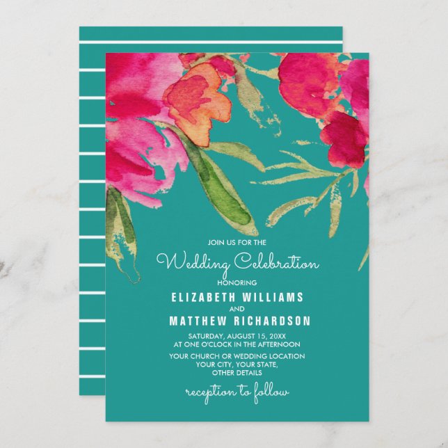 Turquoise Fuchsia Floral Watercolor Wedding  Invitation (Front/Back)