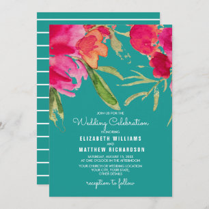 Turquoise Fuchsia Floral Watercolor Wedding Invitation