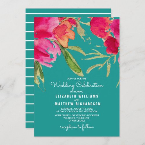 Turquoise Fuchsia Floral Watercolor Wedding  Invitation