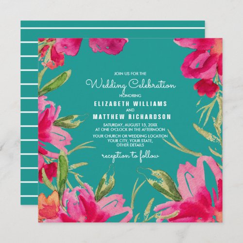 Turquoise Fuchsia Floral Watercolor Wedding  Invitation