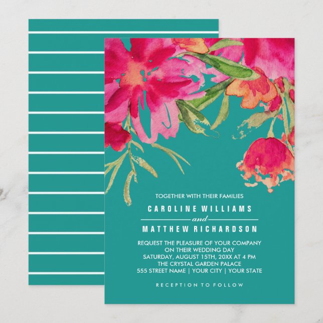 Turquoise Fuchsia Floral Watercolor Wedding  Invitation (Front/Back)