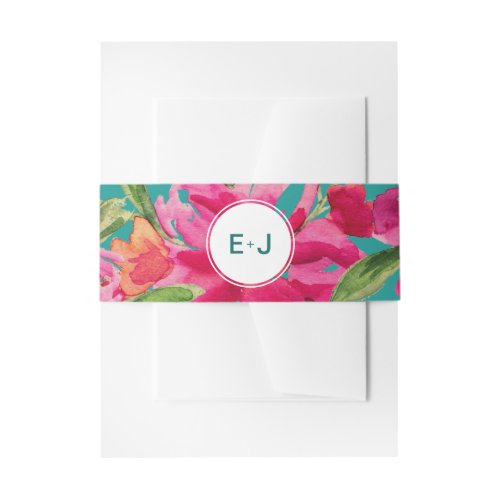 Turquoise Fuchsia Floral Watercolor Wedding Invitation Belly Band