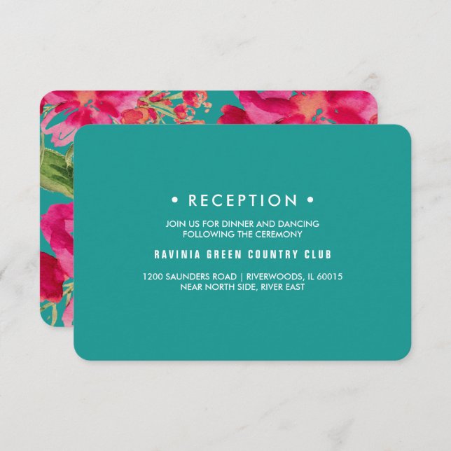 Turquoise Fuchsia Floral Wedding Reception Cards (Front/Back)