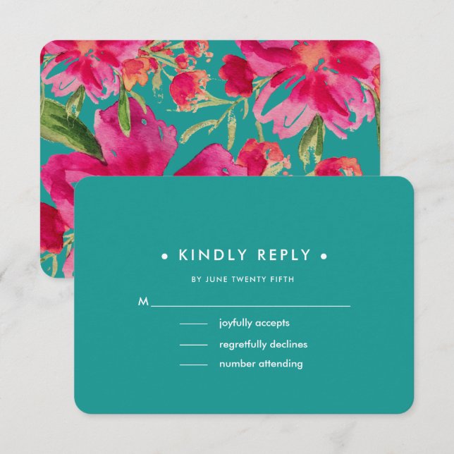 Turquoise Fuchsia Floral Wedding RSVP Cards (Front/Back)