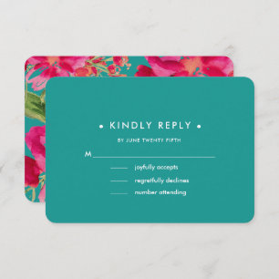 Turquoise Fuchsia Floral Wedding RSVP Cards