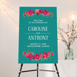 Turquoise Fuchsia Floral Wedding Welcome Sign