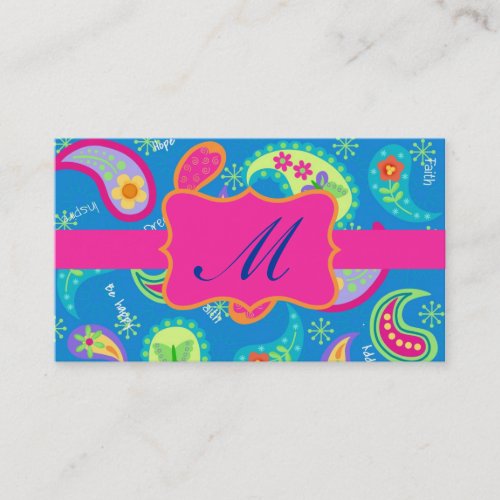 Turquoise Fuchsia Pink Modern Paisley Monogram Business Card