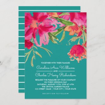 Turquoise Fuchsia Watercolor Floral Wedding Invitation by YourWeddingDay at Zazzle