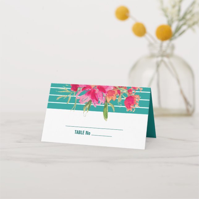 Turquoise Fuchsia Watercolor Floral Wedding  Place Card (Front)