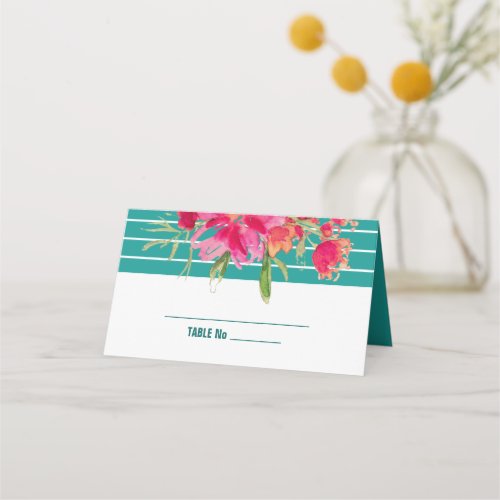 Turquoise Fuchsia Watercolor Floral Wedding  Place Card