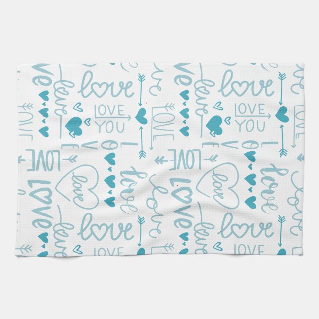 Turquoise Fun and Modern Love and Hearts Kitchen Towel (Horizontal)