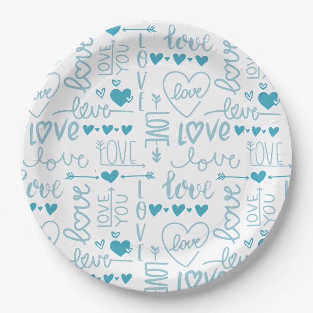 Turquoise Fun and Modern Love and Hearts Paper Plates (Front)