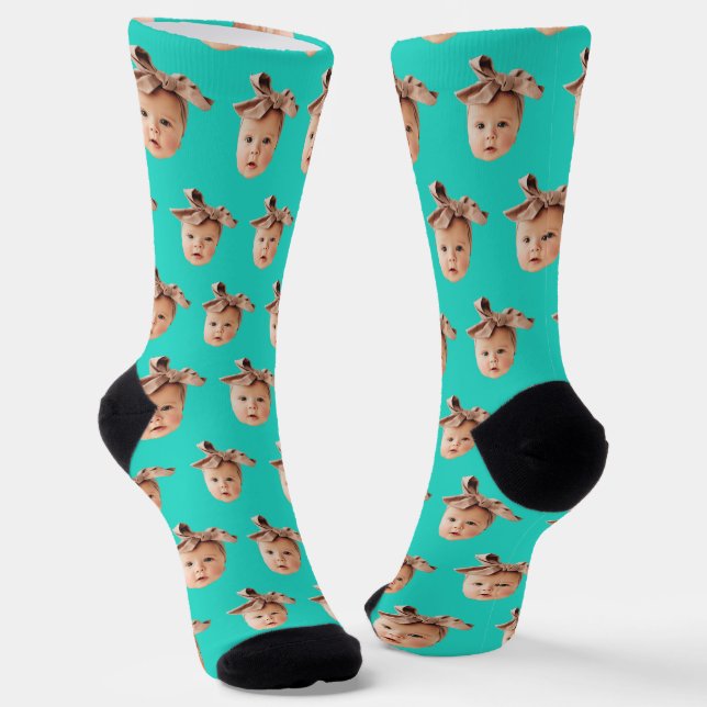 Turquoise Funny Custom Daughter Face Photo Crew Socks (Angled)