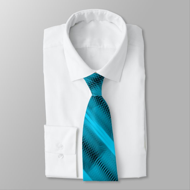 Turquoise Futuristic Abstract Diagonal Pattern Art Neck Tie (Tied)