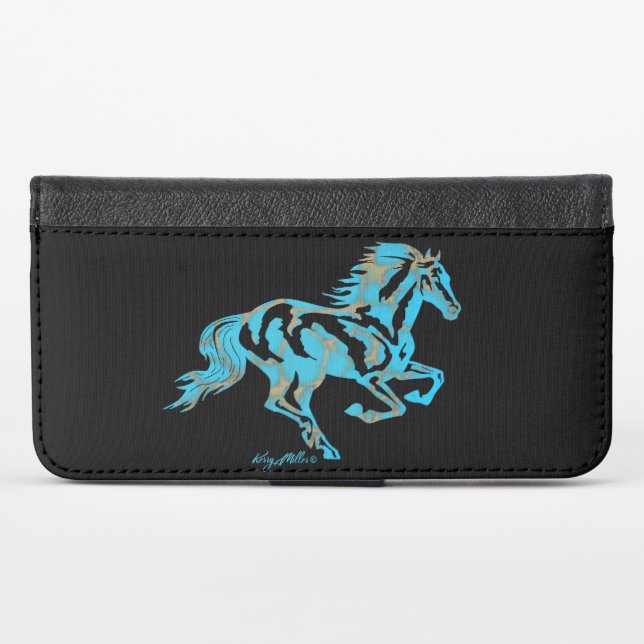 Turquoise Galloping Horse iPhone Wallet Case (Front (Horizontal))