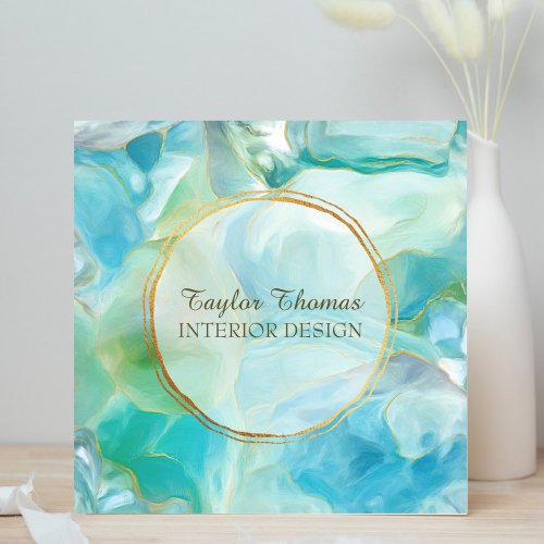Turquoise Gemstone Geode Watercolor  Gold Circle Square Business Card