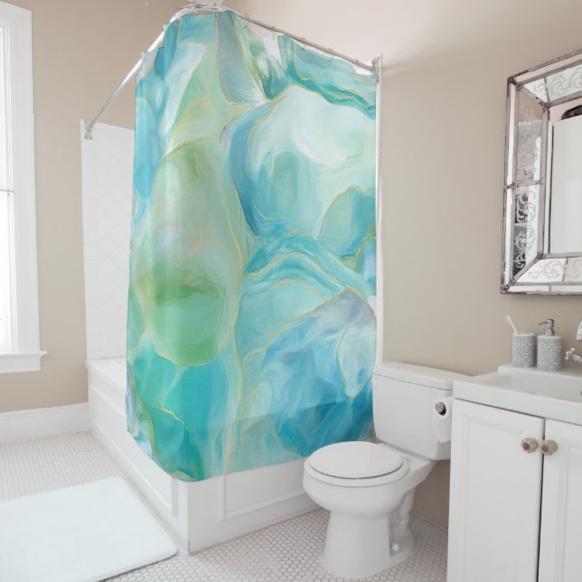 Turquoise Gemstone Watercolor Aqua Blue Shower Curtain (In Situ)