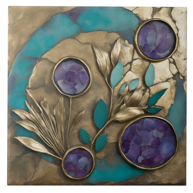 Turquoise Geometric Floral with Gold & Purple  Ceramic Tile (Front)