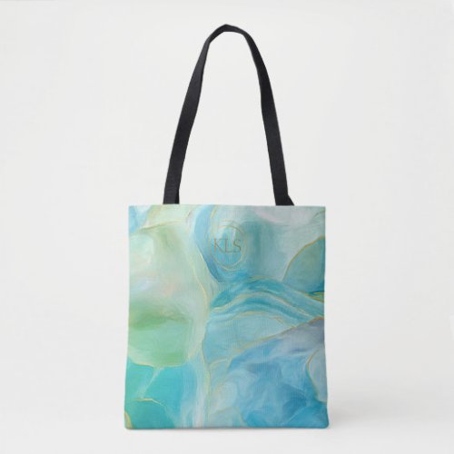 Turquoise Geometric Gemstone Watercolor Monogram Tote Bag