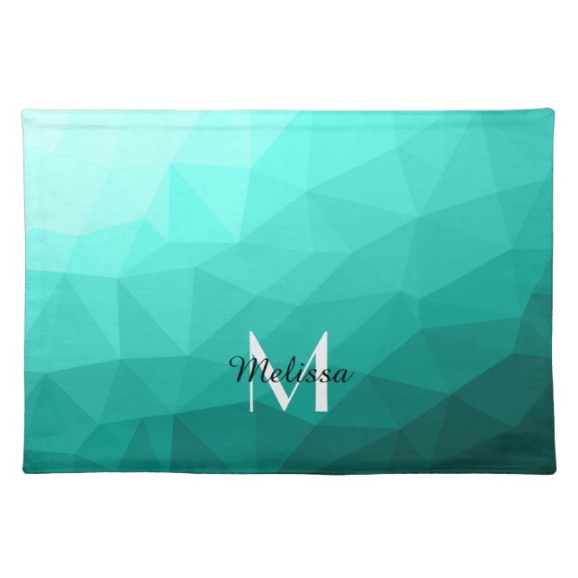 Turquoise geometric mesh ombre pattern Monogram Cloth Placemat (Front)