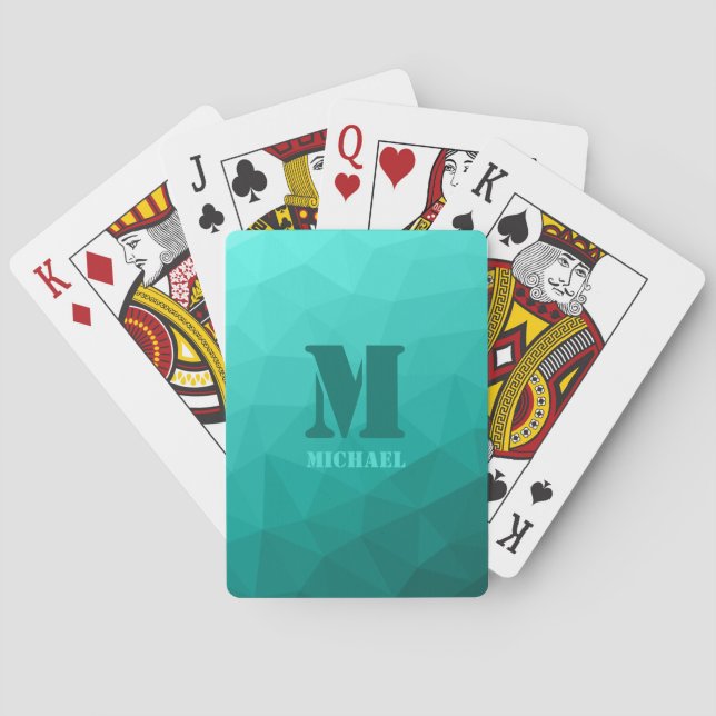 Turquoise geometric mesh pattern Monogram Poker Cards (Back)