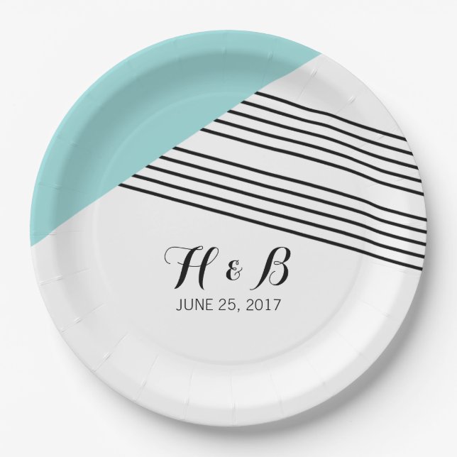 Turquoise Geometric Stripe Paper Plates (Front)