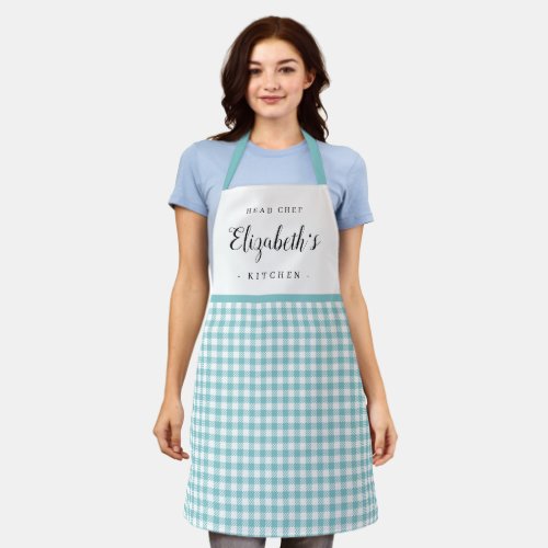 Turquoise gingham check adult personalized cooking apron