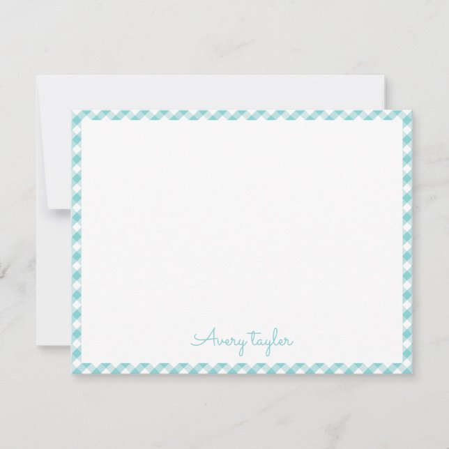 Turquoise gingham pattern personalized Stationery Note Card (Front)
