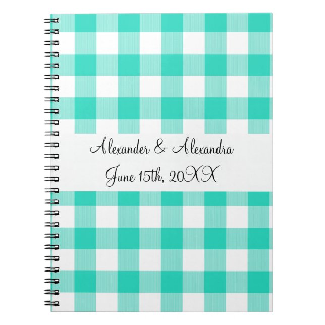 Turquoise gingham pattern wedding favors notebook (Front)